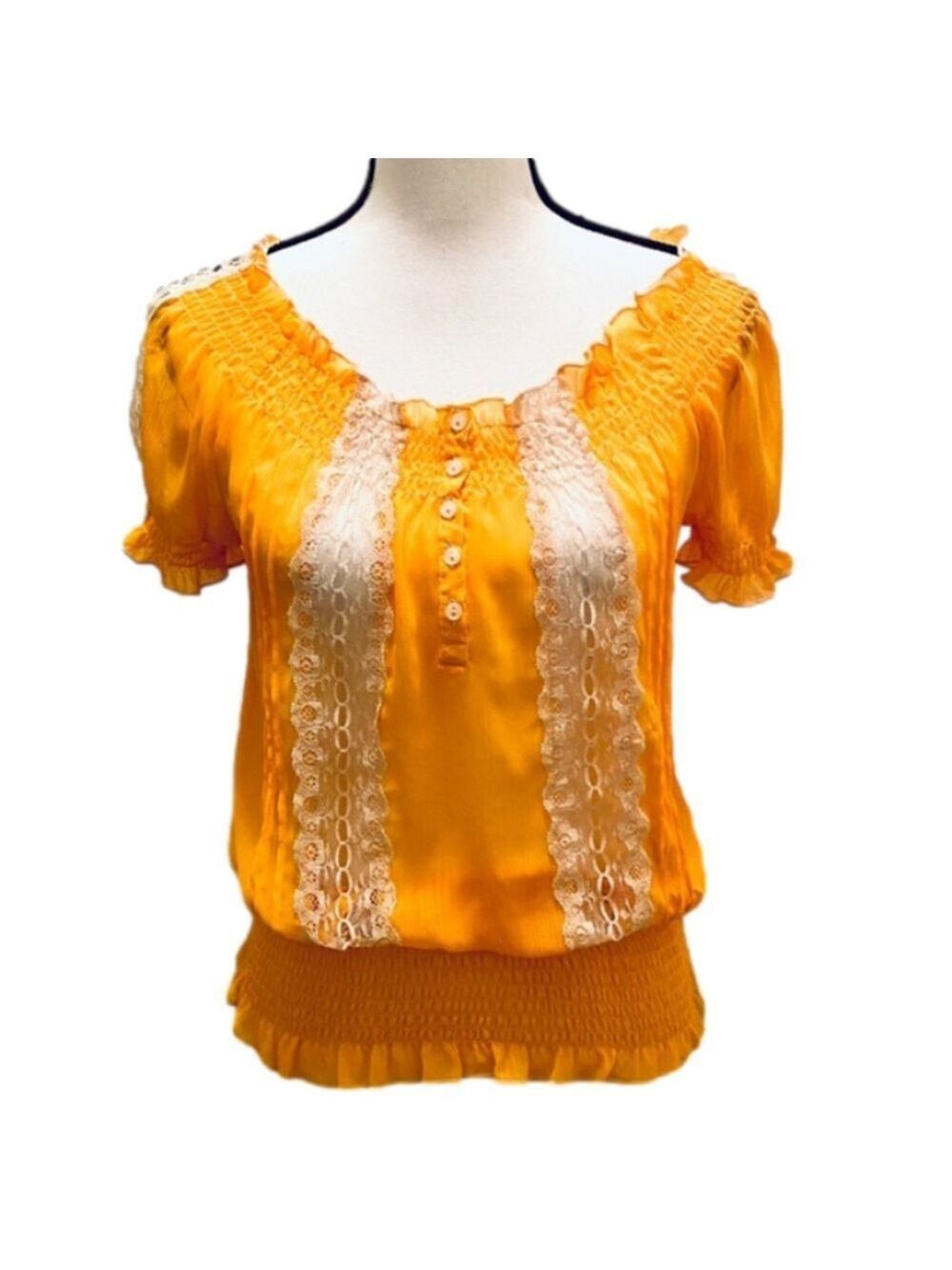 Arden B Golden Vintage Y2K Honey Yellow Boho Blouse with Lace